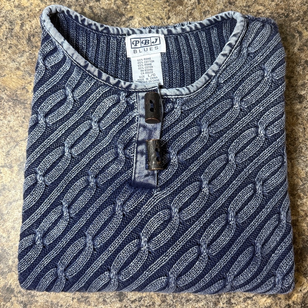 PBJ Blues Vintage Denim Blue Textured Cable Knit Sweater Women’s Sz Large